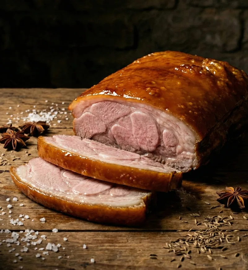 Jambon de porcelet rôti à la croûte dorée, tranché sur une planche en bois