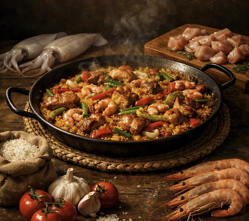 Paëlla mixta aux crevettes, palourdes et poulet