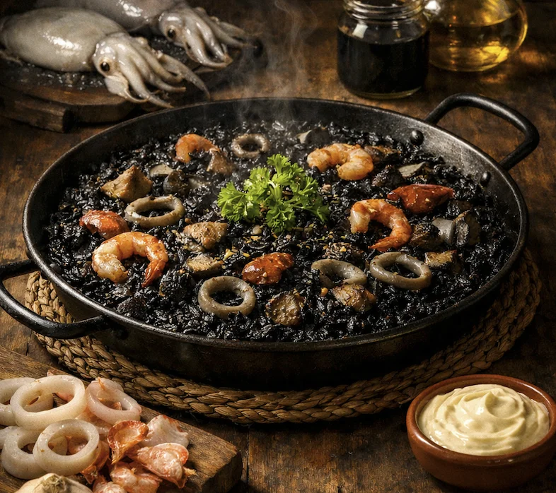Paëlla noire à l'encre de seiche avec crevettes et moules